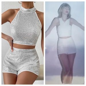 SHEIN High-Neck Sequin Shorts Shorts Set - ERAS TOUR OUTFIT